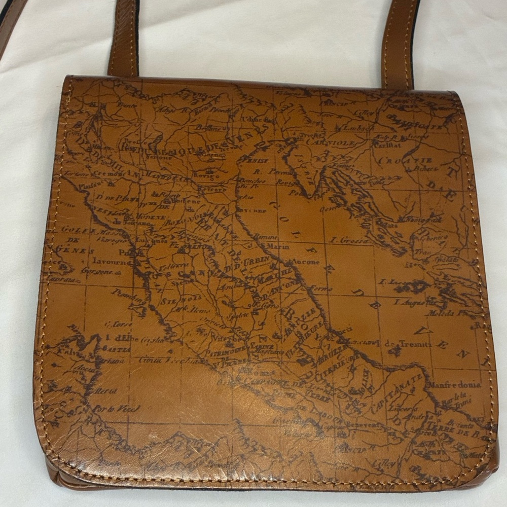 Patricia Nash Leather Crossbody Bag Italian Map Print Brown Adjustable Strap